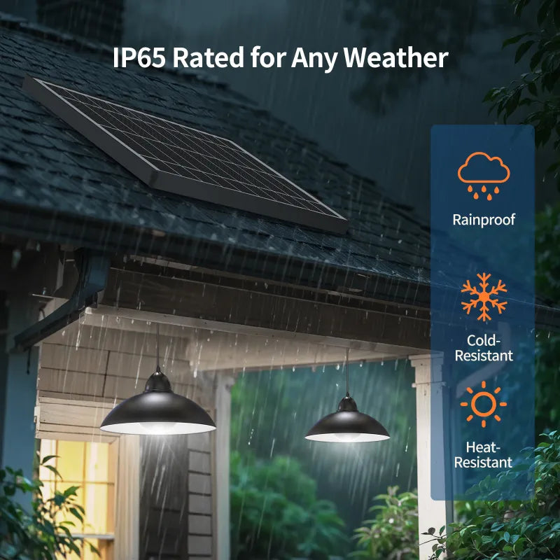 Dual solar hanging lights withstanding heavy rain, illustrating their IP65 waterproof, cold-resistant, and heat-resistant design for reliable year-round outdoor use.