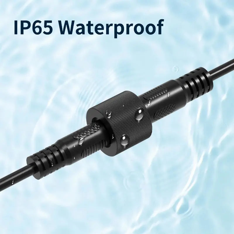 The intelamp extension cable's connection point is shown submerged in water with visible droplets, highlighting its IP65 waterproof rating suitable for outdoor use.