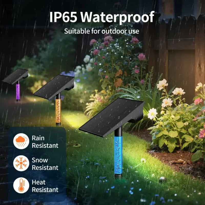 IP65 waterproof outdoor solar spot lights shown working in rainy, all-weather conditions