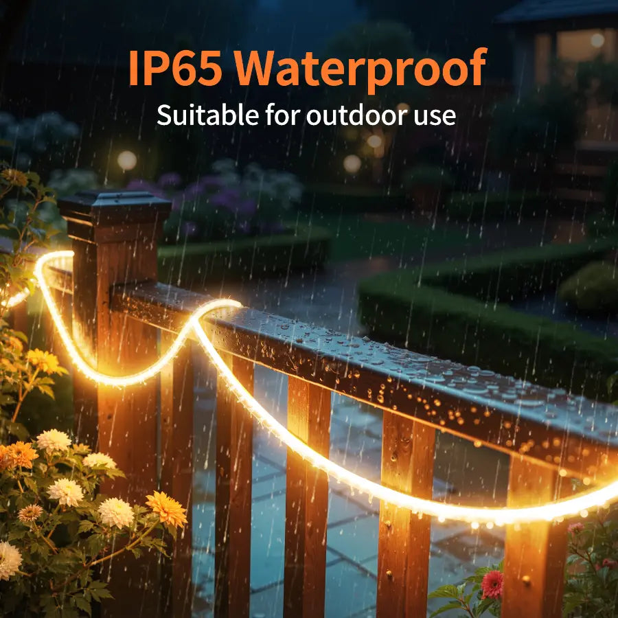 IP65 highly waterproof solar outdoor strip lights functioning perfectly in heavy rain on a deck railing.