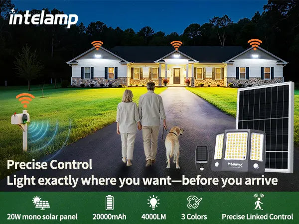 Linkable outdoor solar security light wireless synchronized control pre‑illumination for residential home driveway with key features display