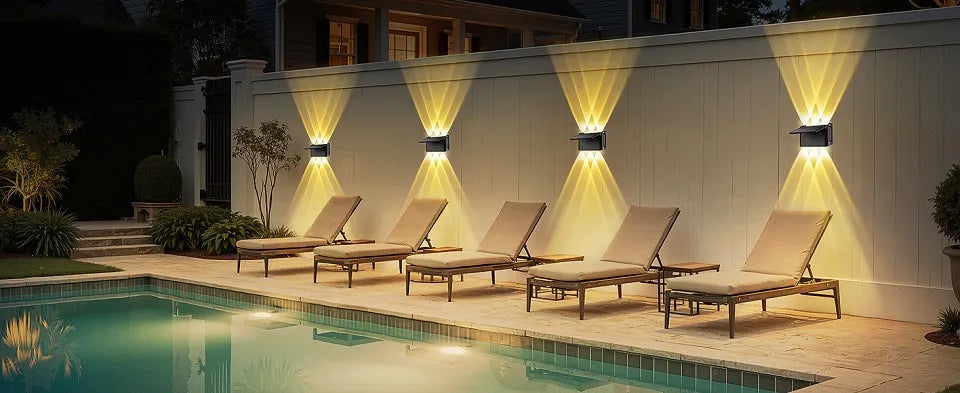 Warm white solar wall lights creating a luxurious, resort-like atmosphere along a backyard swimming pool fence.