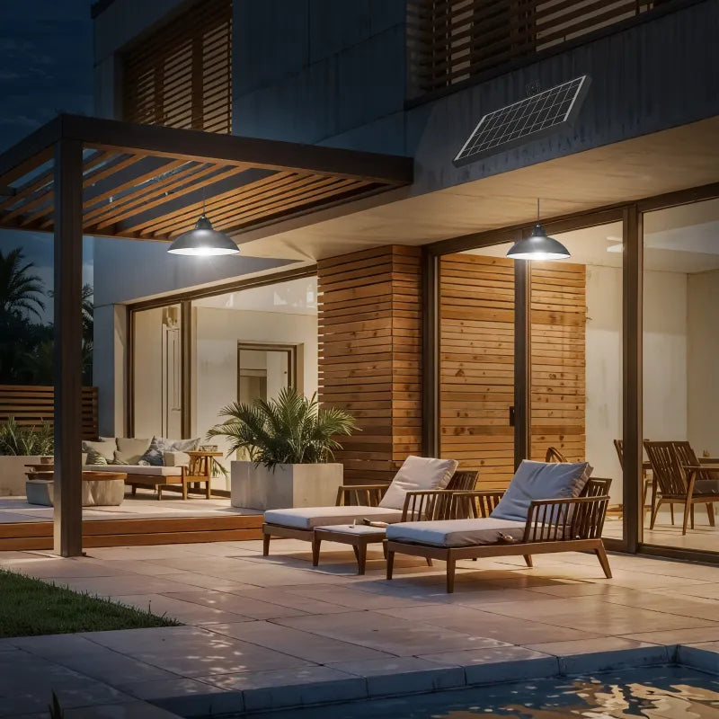 A stylish modern patio with lounge chairs illuminated by two solar hanging lights, demonstrating their suitability for contemporary outdoor living spaces.