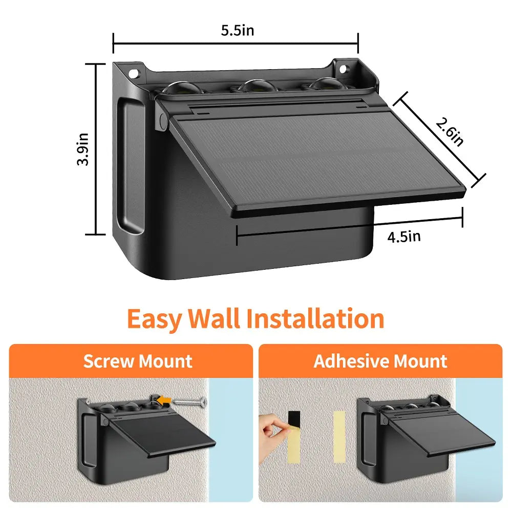 Easy installation solar wall lights with exact dimensions, featuring both screw mount and no-drill adhesive mount options.