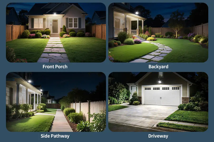 Four application scenarios for Intelamp solar lights: front porch entrance, backyard garden path, side pathway, and driveway garage.