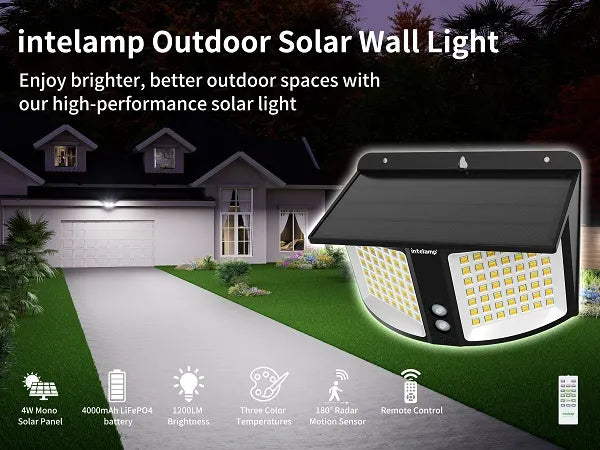 intelamp premium outdoor solar wall light illuminating a house driveway with high-performance solar technology.