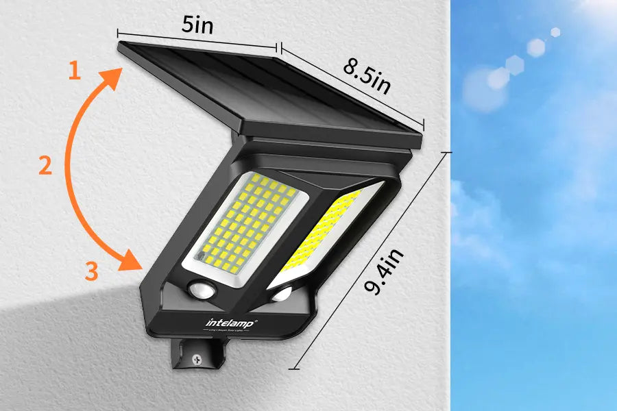 Dimensions of the Intelamp solar light showing the adjustable solar panel angle and size (9.4 inches height by 8.5 inches width).