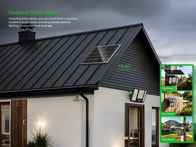 Outdoor solar security light featuring a 16.4-foot extension cord, allowing the solar panel to be mounted in direct sunlight on the roof while the light illuminates the shaded wall below.