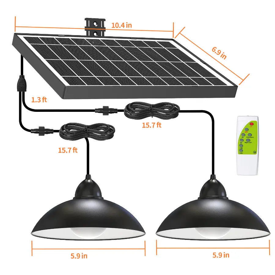 Exact dimensions and 15.7ft long extension cables of the intelamp dual solar pendant light for easy off-grid installation.