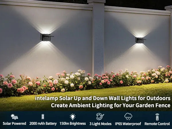 Solar up and down wall lights adding warm ambient lighting to a backyard fence at night.