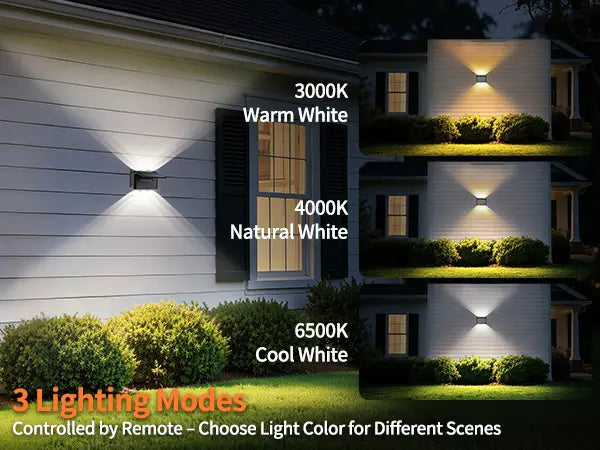 Exterior home wall showing three remote-controlled solar lighting modes: 3000K warm white, 4000K natural white, and 6500K cool white.