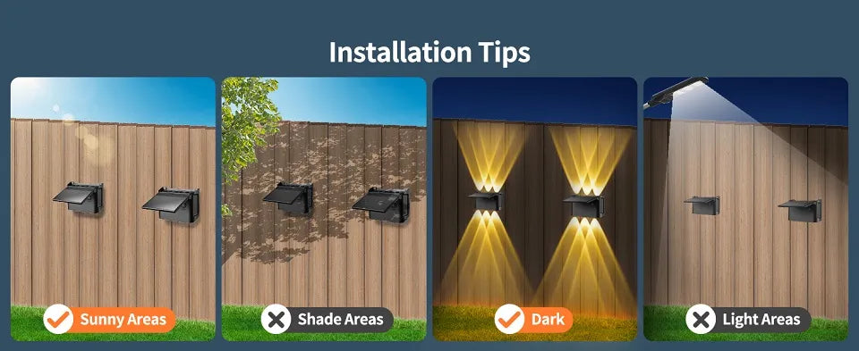 Installation tips for solar outdoor lights: install in sunny, dark areas and avoid shaded or already lit areas for best performance.