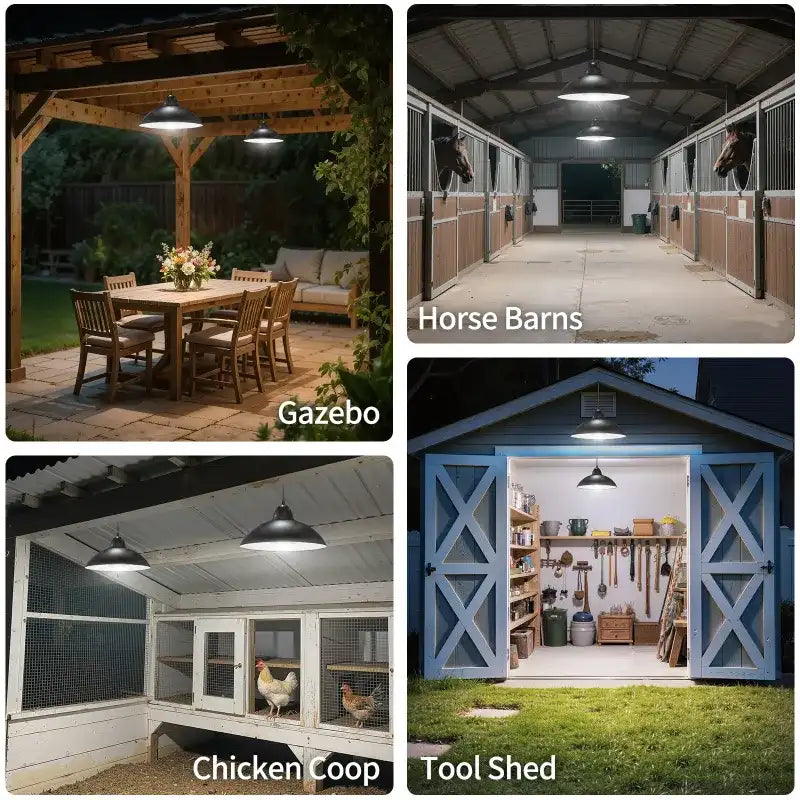 Four application examples for the dual solar shed lights, showcasing their use in a gazebo, horse barn, chicken coop, and tool shed.