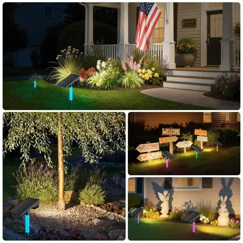 Versatile solar uplights shown illuminating trees, a front yard, garden decor, and a campsite