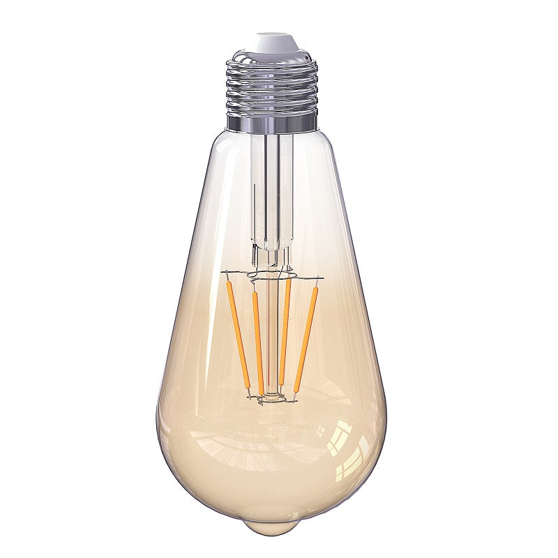 Vintage style E26 Edison LED filament light bulb, 4W warm white 2700-3000K, amber glass pear shape, 4 LED filaments, retro decorative bulb