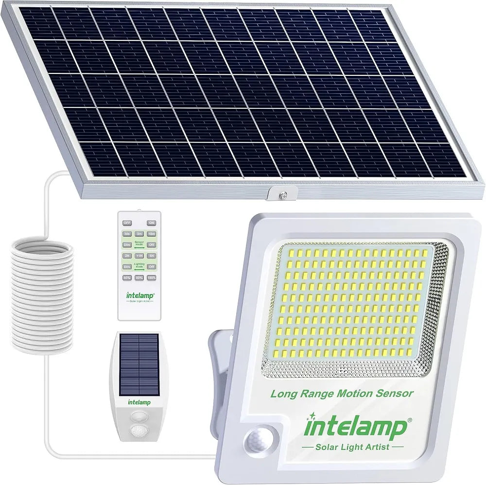 White Intelamp linkable solar flood light system including a 12000mAh LED lamp, high-efficiency solar panel, remote control, and separate motion sensor case with a 16.4ft cable.